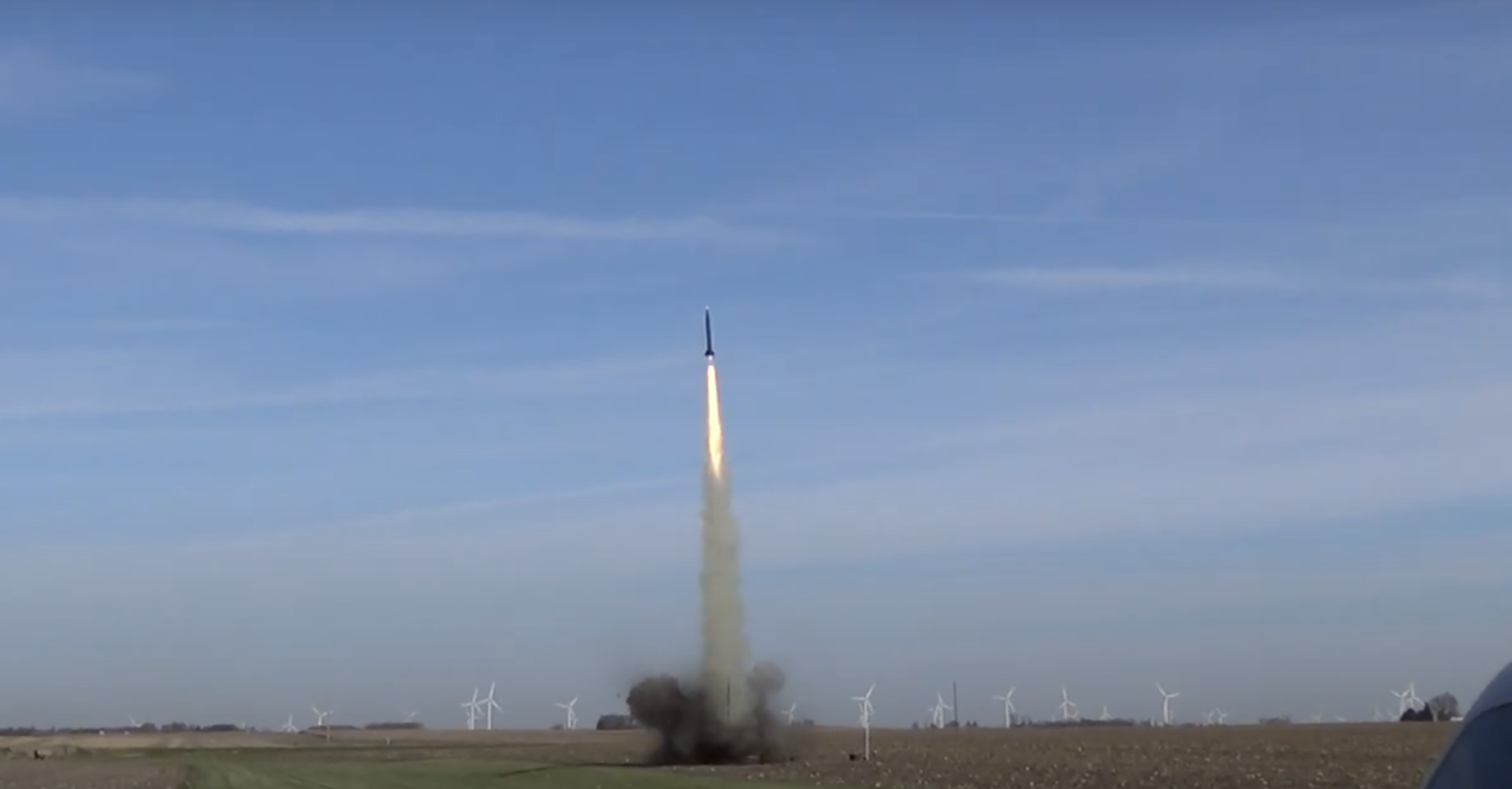 A screenshot of the takeoff of an 8-inch diameter rocket weighing roughly 100 pounds, that accelerated to Mach 2.3 in 1.48 seconds. Video by Chuck Haskin, Illinois